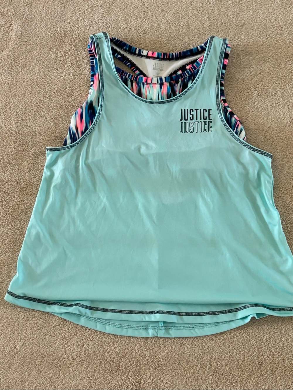 Justice Light Aqua Active Tank with Built-in Colorful Striped Sports Bra